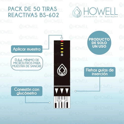 PACK 50 TIRAS REACTIVAS GLUCOSA HOWELL BS-602 PARA GLUCOMETRO BG-710B FRASCO HERMETICO NEGRO - 4