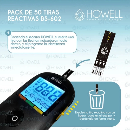PACK 50 TIRAS REACTIVAS GLUCOSA HOWELL BS-602 PARA GLUCOMETRO BG-710B FRASCO HERMETICO NEGRO - 5