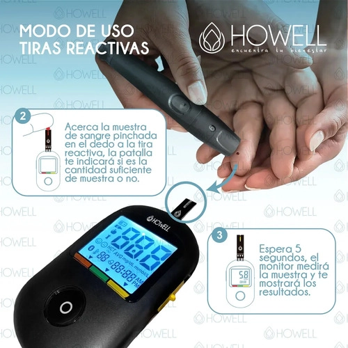 PACK 50 TIRAS REACTIVAS GLUCOSA HOWELL BS-602 PARA GLUCOMETRO BG-710B FRASCO HERMETICO NEGRO - 6