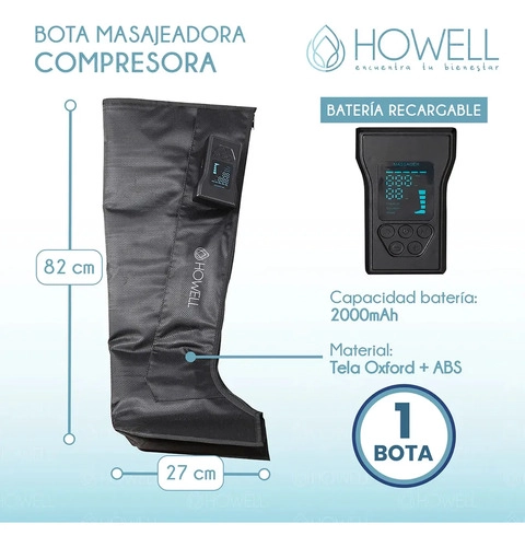 MASAJEADOR PIERNAS BOTA COMPRESION HOWELL INALAMBRICO 5 ZONAS 3 MODOS 10 NIVELES 2000MAH NEGRO - 2