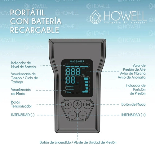 MASAJEADOR PIERNAS BOTA COMPRESION HOWELL INALAMBRICO 5 ZONAS 3 MODOS 10 NIVELES 2000MAH NEGRO - 8