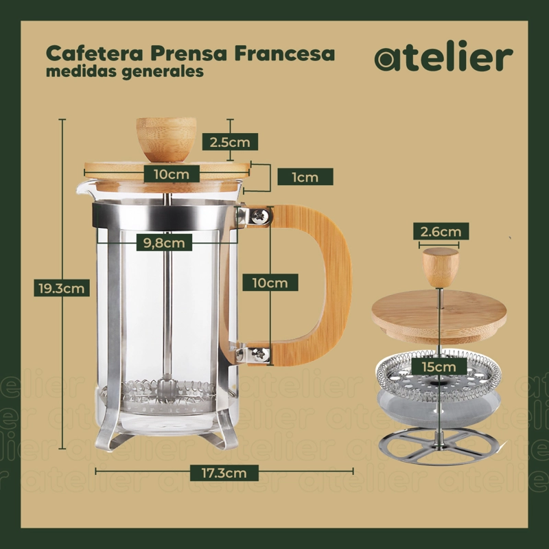 CAFETERA FRANCESA 800ML ATELIER PRENSA VIDRIO Y ACERO INOXIDABLE PORTATIL PLATEADO - 2