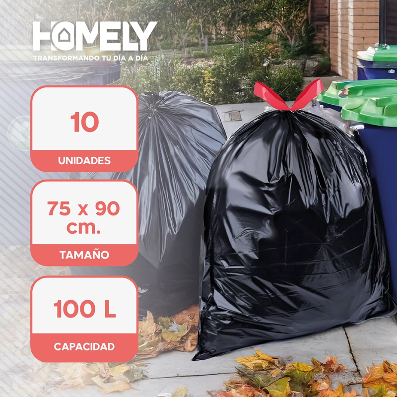 BOLSAS BASURA 75X90CM CON CORDON 10U HOMELY 100L RESISTENTE - 2