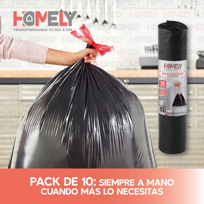 BOLSAS BASURA 75X90CM CON CORDON 10U HOMELY 100L RESISTENTE - 7