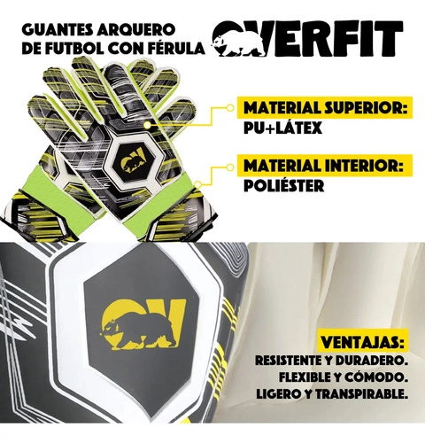 GUANTES DE ARQUERO FUTBOL OVERFIT FE RULA ANTIDESLIZANTE PRO VERDE L - 2