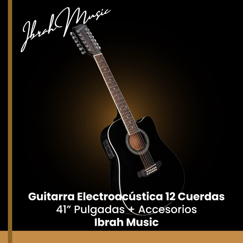GUITARRA ELECTROACUSTICA 12 CUERDAS IBRAH MUSIC 41 PULGADAS NEGRA PACK - 2