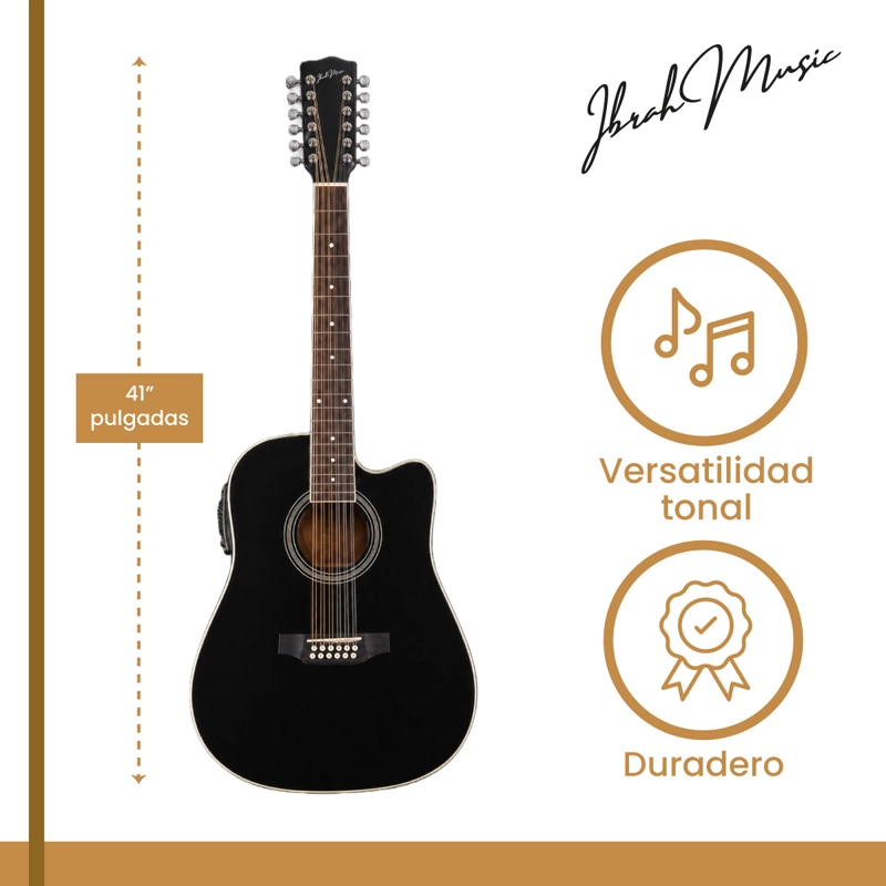 GUITARRA ELECTROACUSTICA 12 CUERDAS IBRAH MUSIC 41 PULGADAS NEGRA PACK - 3