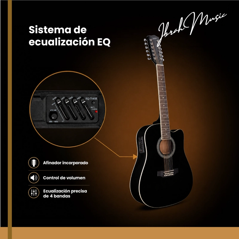 GUITARRA ELECTROACUSTICA 12 CUERDAS IBRAH MUSIC 41 PULGADAS NEGRA PACK - 4