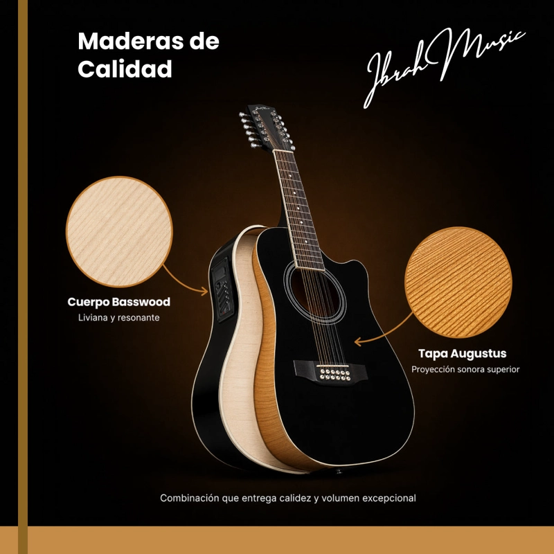 GUITARRA ELECTROACUSTICA 12 CUERDAS IBRAH MUSIC 41 PULGADAS NEGRA PACK - 7