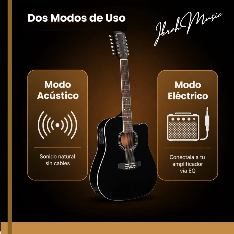 GUITARRA ELECTROACUSTICA 12 CUERDAS IBRAH MUSIC 41 PULGADAS NEGRA PACK - 9