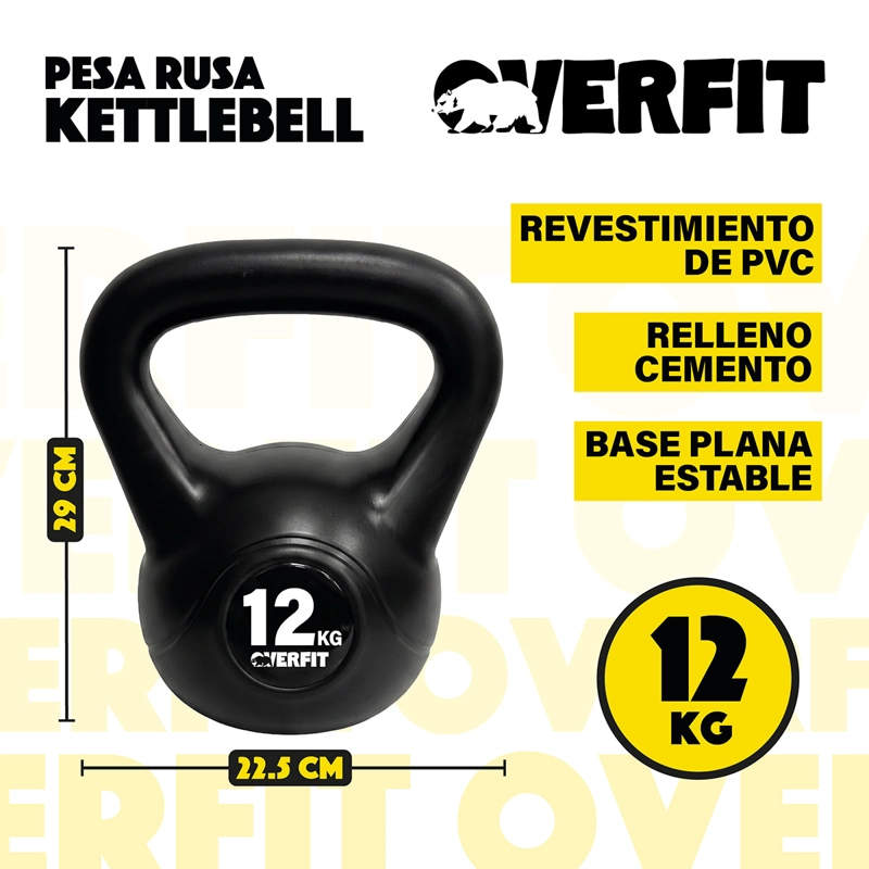 PESA RUSA KETTLEBELL 12KG OVERFIT PVC CEMENTO ENTRENAMIENTO FUNCIONAL CROSSFIT NEGRA - 2