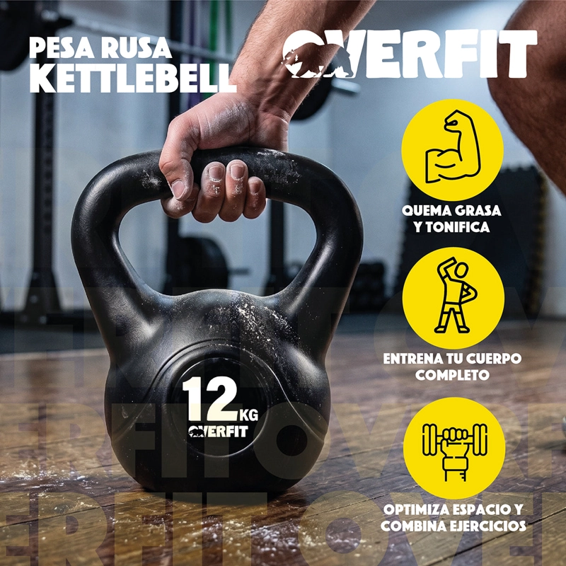 PESA RUSA KETTLEBELL 12KG OVERFIT PVC CEMENTO ENTRENAMIENTO FUNCIONAL CROSSFIT NEGRA - 3