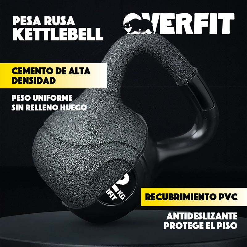PESA RUSA KETTLEBELL 12KG OVERFIT PVC CEMENTO ENTRENAMIENTO FUNCIONAL CROSSFIT NEGRA - 4