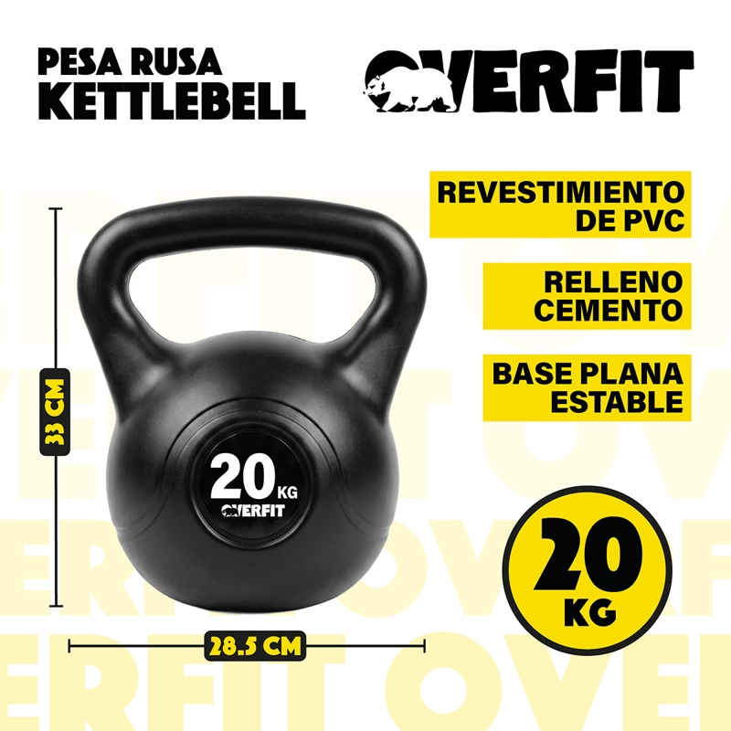 PESA RUSA KETTLEBELL 20KG OVERFIT PVC CEMENTO ENTRENAMIENTO FUNCIONAL CROSSFIT NEGRA - 2