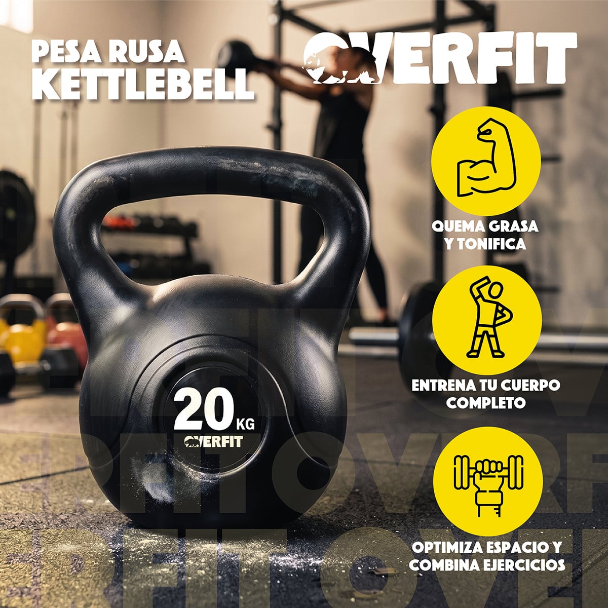 PESA RUSA KETTLEBELL 20KG OVERFIT PVC CEMENTO ENTRENAMIENTO FUNCIONAL CROSSFIT NEGRA - 3