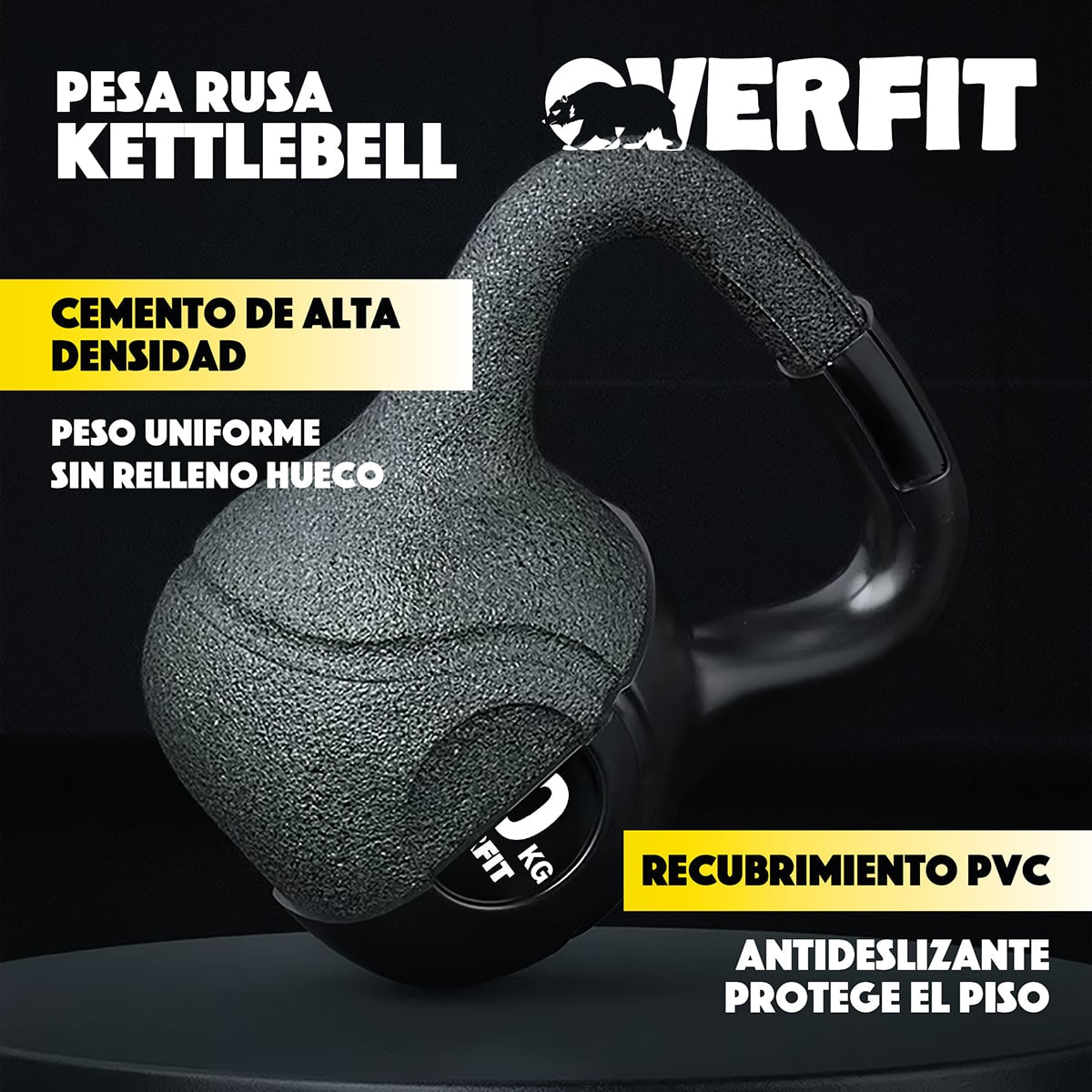 PESA RUSA KETTLEBELL 20KG OVERFIT PVC CEMENTO ENTRENAMIENTO FUNCIONAL CROSSFIT NEGRA - 4