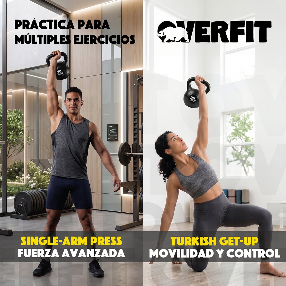 PESA RUSA KETTLEBELL 20KG OVERFIT PVC CEMENTO ENTRENAMIENTO FUNCIONAL CROSSFIT NEGRA - 8