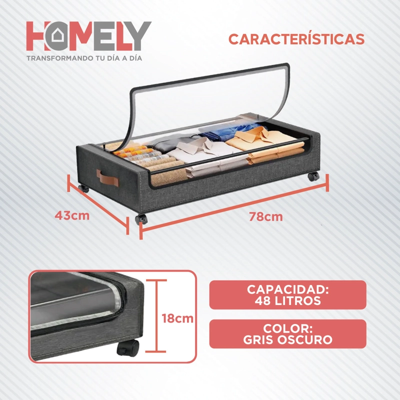 CARRITO ORGANIZADOR BAJO CAMA HOMELY 48L CON RUEDAS PLEGABLE ROPA TEXTILES - 3