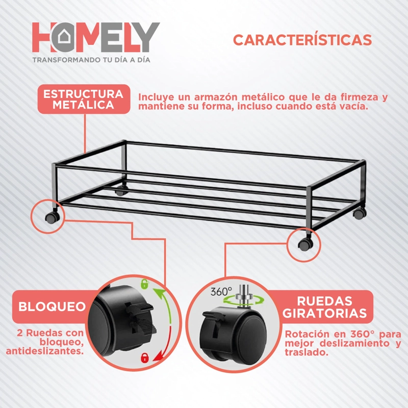 CARRITO ORGANIZADOR BAJO CAMA HOMELY 48L CON RUEDAS PLEGABLE ROPA TEXTILES - 5