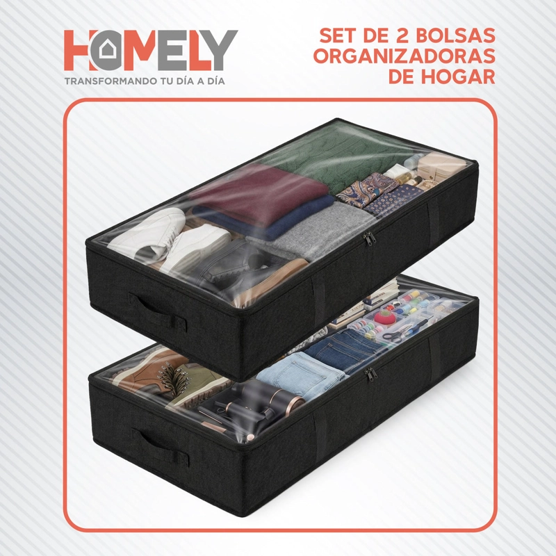 SET 2 BOLSAS ORGANIZADORAS BAJO CAMA HOMELY NEGRO 90L PLEGABLES CREMALLERA - 2