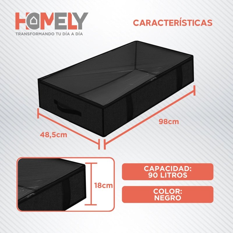 SET 2 BOLSAS ORGANIZADORAS BAJO CAMA HOMELY NEGRO 90L PLEGABLES CREMALLERA - 3
