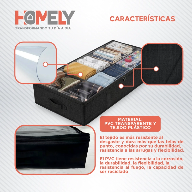 SET 2 BOLSAS ORGANIZADORAS BAJO CAMA HOMELY NEGRO 90L PLEGABLES CREMALLERA - 4