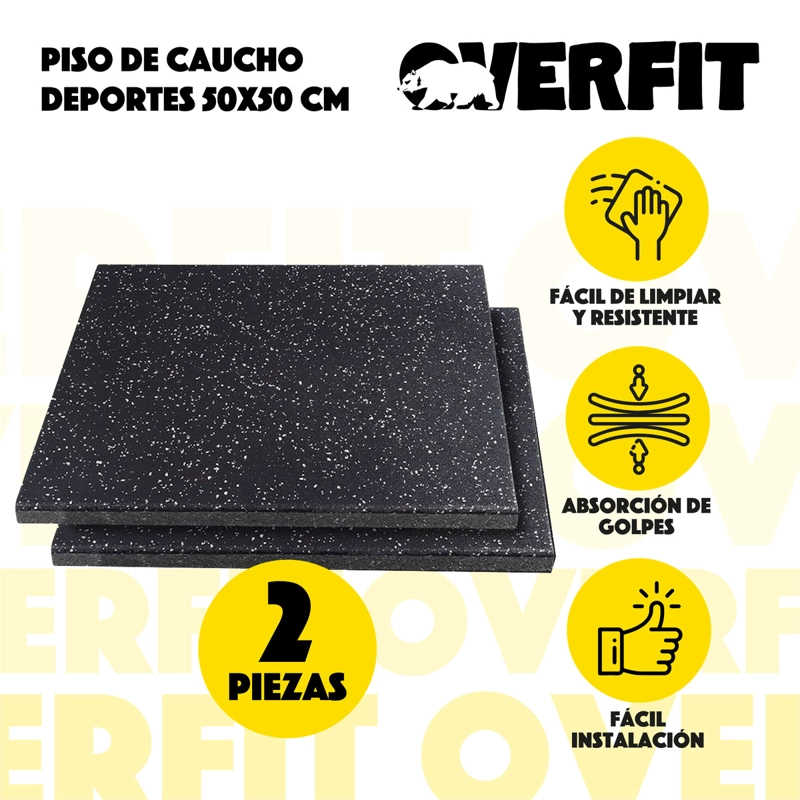 PISO DE CAUCHO GIMNASIO 50X50CM PACK 2 OVERFIT ANTIDESLIZANTE PROTECTOR DE PISO NEGRO - 2