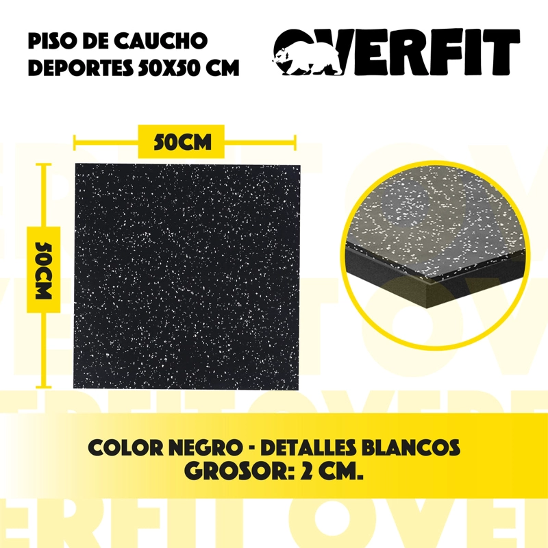 PISO DE CAUCHO GIMNASIO 50X50CM PACK 2 OVERFIT ANTIDESLIZANTE PROTECTOR DE PISO NEGRO - 3