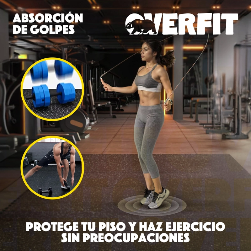 PISO DE CAUCHO GIMNASIO 50X50CM PACK 2 OVERFIT ANTIDESLIZANTE PROTECTOR DE PISO NEGRO - 6