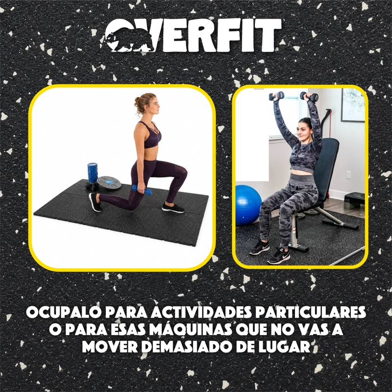 PISO DE CAUCHO GIMNASIO 50X50CM PACK 2 OVERFIT ANTIDESLIZANTE PROTECTOR DE PISO NEGRO - 8