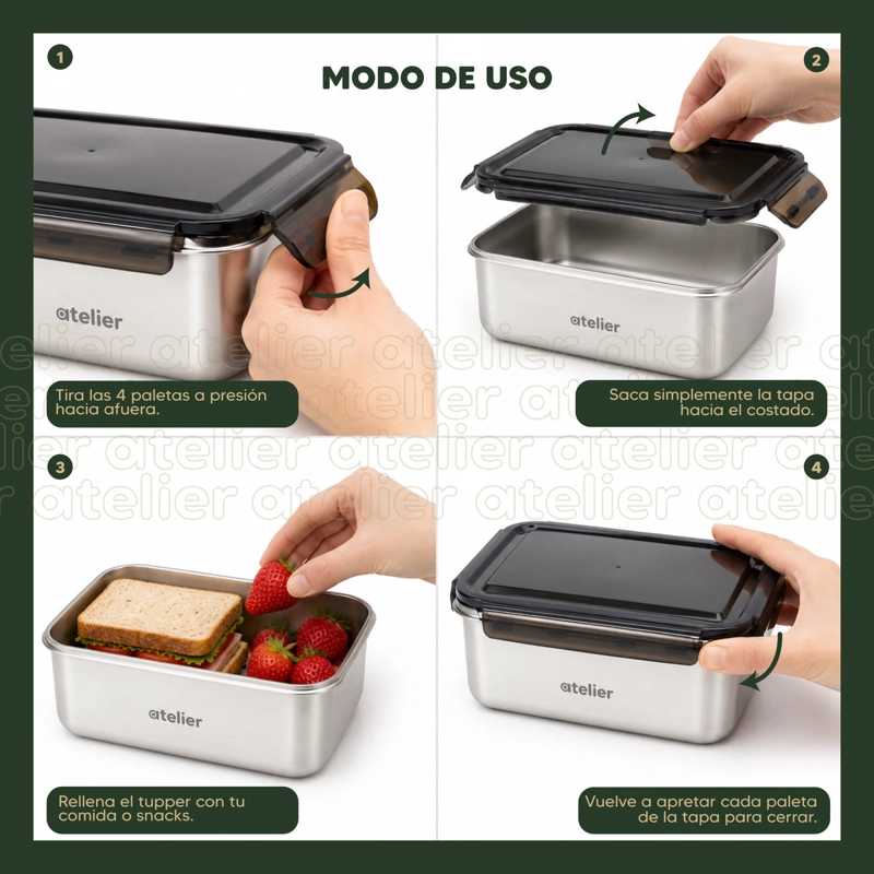 TUPPER CONTENEDOR ACERO INOXIDABLE 1350ML ATELIER HERMETICO LIBRE BPA ALMUERZO - 5