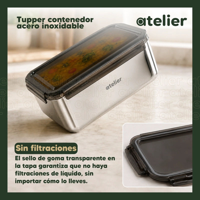 TUPPER CONTENEDOR ACERO INOXIDABLE 1350ML ATELIER HERMETICO LIBRE BPA ALMUERZO - 6