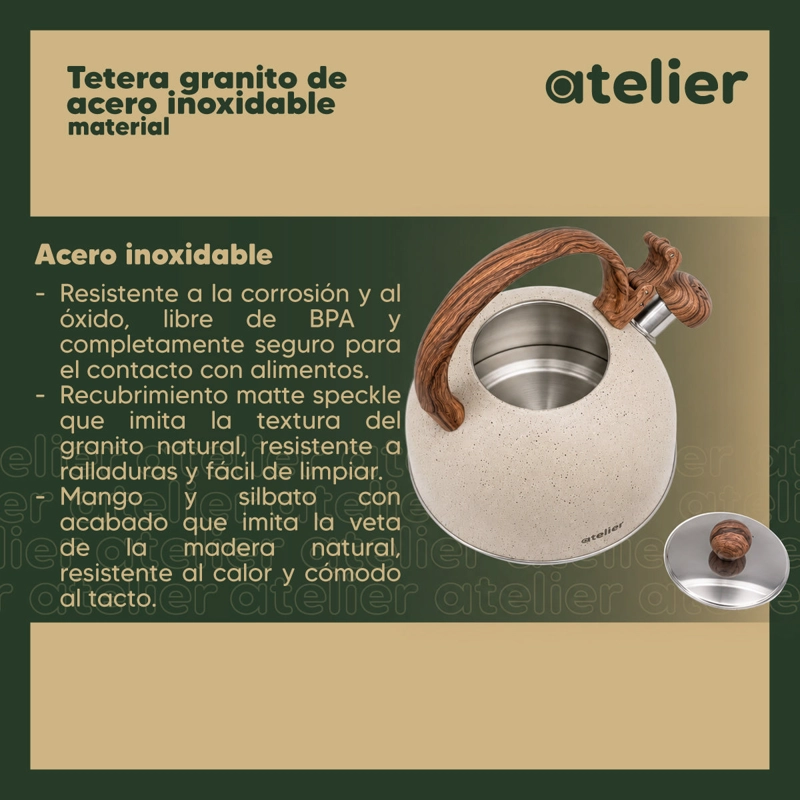 TETERA ACERO INOXIDABLE 2.5L ATELIER ACABADO GRANITO CON SILBATO COCINA E INDUCCION - 4