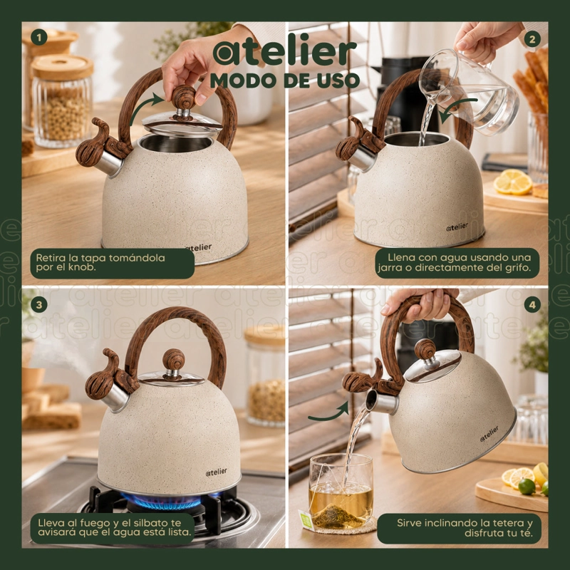 TETERA ACERO INOXIDABLE 2.5L ATELIER ACABADO GRANITO CON SILBATO COCINA E INDUCCION - 5