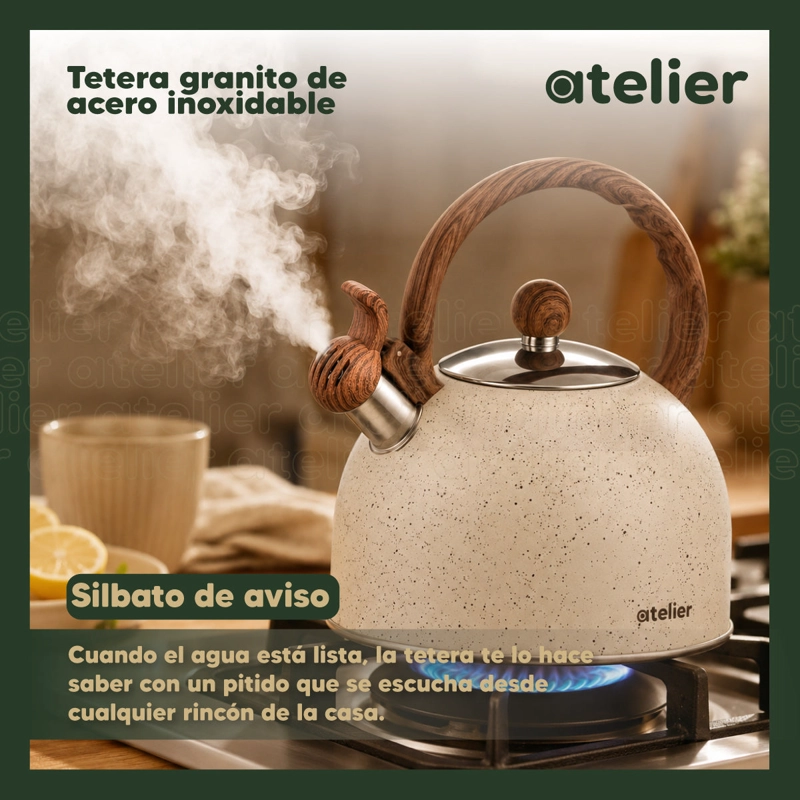 TETERA ACERO INOXIDABLE 2.5L ATELIER ACABADO GRANITO CON SILBATO COCINA E INDUCCION - 6