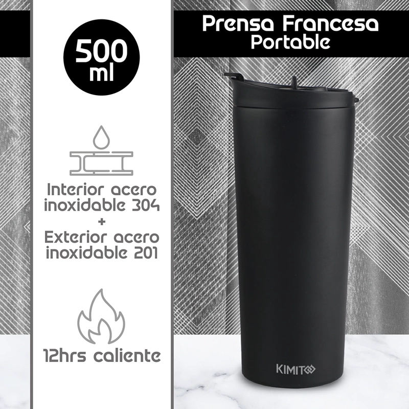 CAFETERA FRANCESA PORTATIL KIMITO 500ML ACERO INOXIDABLE DOBLE PARED VIAJE NEGRA - 2