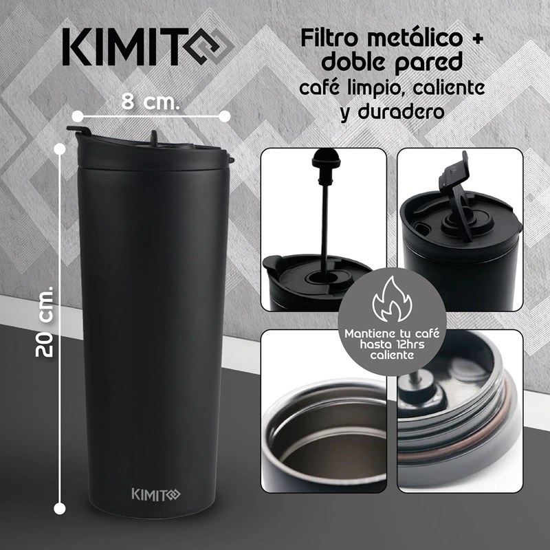 CAFETERA FRANCESA PORTATIL KIMITO 500ML ACERO INOXIDABLE DOBLE PARED VIAJE NEGRA - 3
