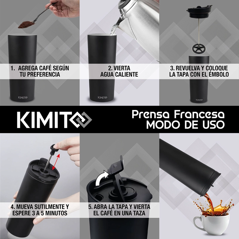 CAFETERA FRANCESA PORTATIL KIMITO 500ML ACERO INOXIDABLE DOBLE PARED VIAJE NEGRA - 4