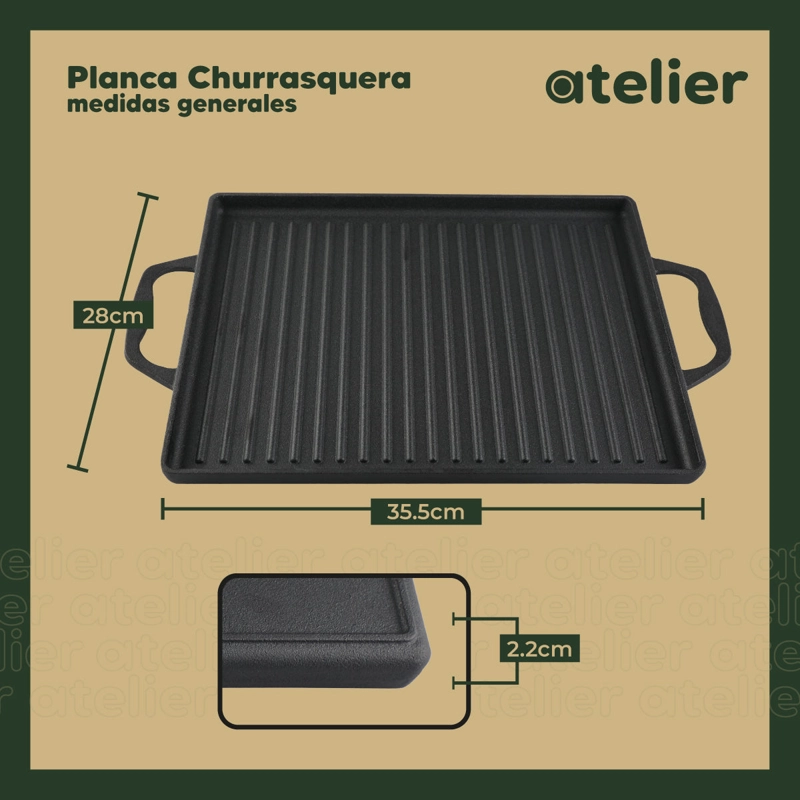 PLANCHA CHURRASQUERA HIERRO FUNDIDO 2 EN 1 ATELIER REVERSIBLE LISA Y ACANALADA COCINA - 2