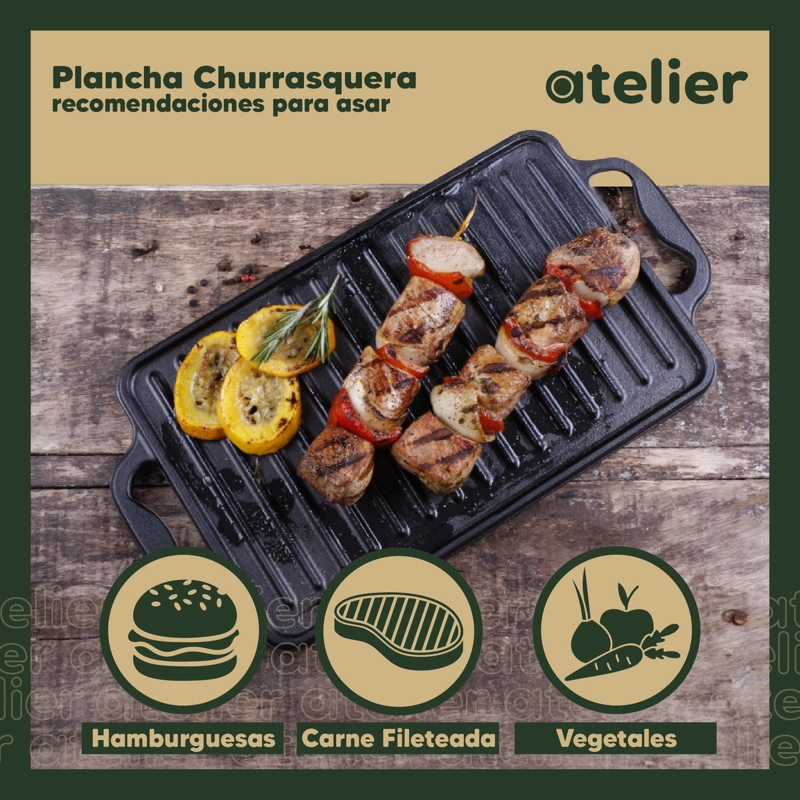 PLANCHA CHURRASQUERA HIERRO FUNDIDO 2 EN 1 ATELIER REVERSIBLE LISA Y ACANALADA COCINA - 3