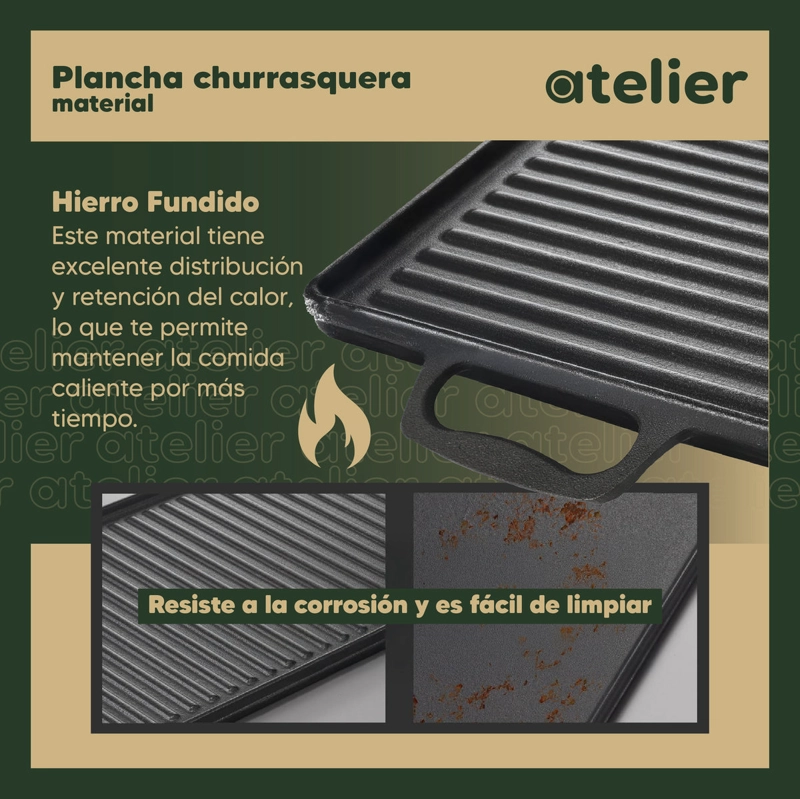 PLANCHA CHURRASQUERA HIERRO FUNDIDO 2 EN 1 ATELIER REVERSIBLE LISA Y ACANALADA COCINA - 4