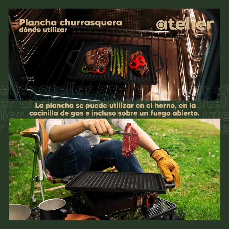 PLANCHA CHURRASQUERA HIERRO FUNDIDO 2 EN 1 ATELIER REVERSIBLE LISA Y ACANALADA COCINA - 6