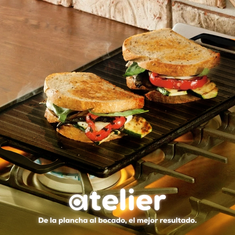 PLANCHA CHURRASQUERA HIERRO FUNDIDO 2 EN 1 ATELIER REVERSIBLE LISA Y ACANALADA COCINA - 8