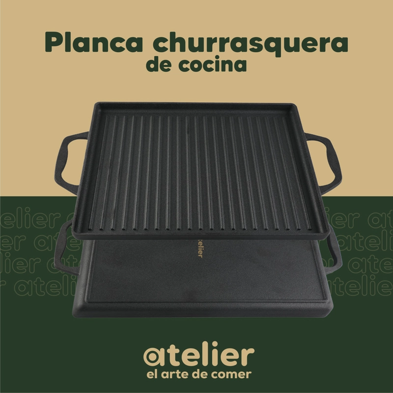 PLANCHA CHURRASQUERA HIERRO FUNDIDO 2 EN 1 ATELIER REVERSIBLE LISA Y ACANALADA COCINA - 9