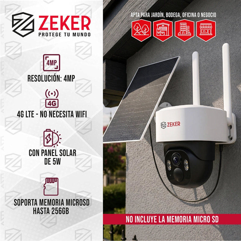 CAMARA SEGURIDAD 4G SOLAR EXTERIOR 4MP ZEKER IP66 VISION NOCTURNA SIN WIFI - 3