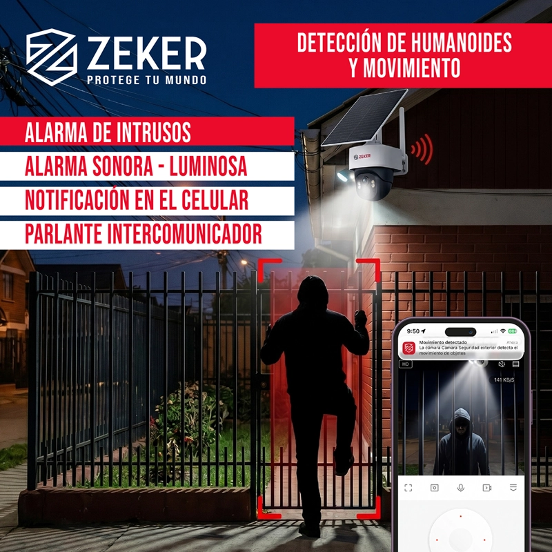 CAMARA SEGURIDAD 4G SOLAR EXTERIOR 4MP ZEKER IP66 VISION NOCTURNA SIN WIFI - 9