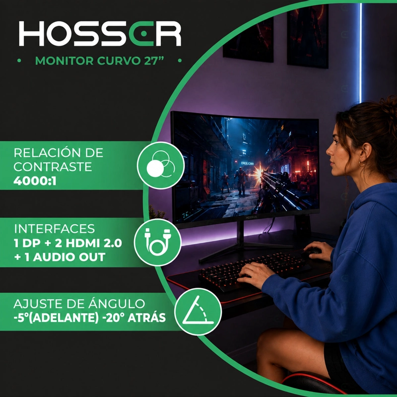MONITOR GAMER CURVO 27 PULGADAS 200HZ 1MS HOSSER GAMING NEGRO - 4