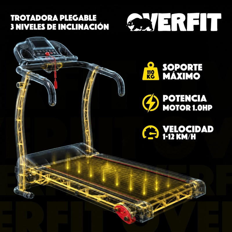 Trotadora Electrica Caminadora Plegable Overfit 12 Km/h Inclinacion 1 Hp 110 Kg Negro - 8