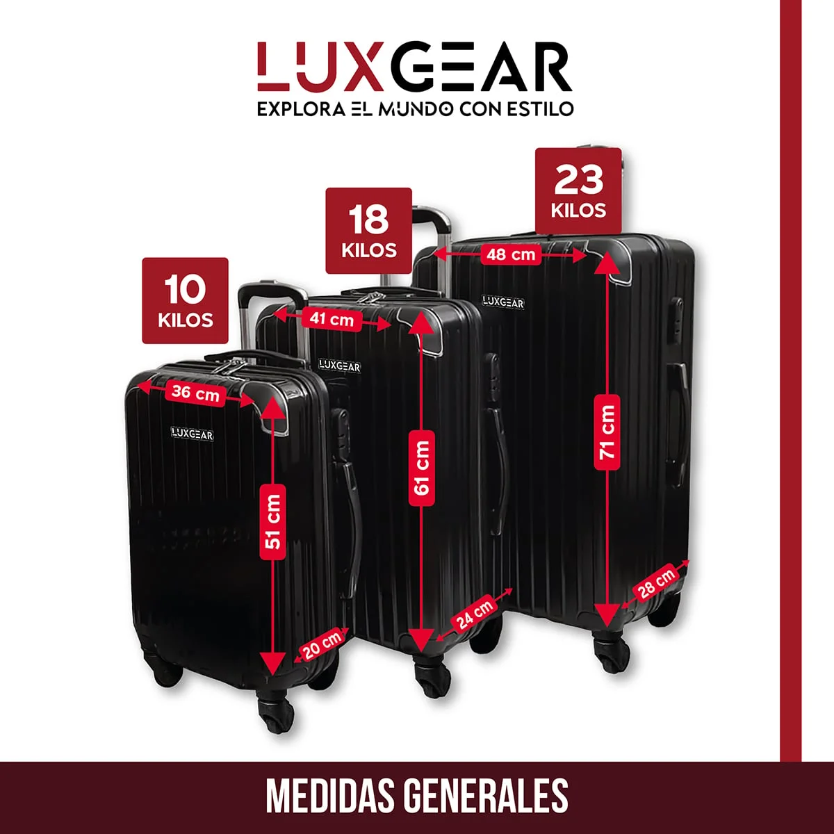 MALETAS 10 15 23KG LUXGEAR SET X3 MALETAS VIAJE ANTIGOLPES - 2