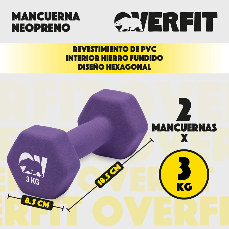 KIT X2 MANCUERNAS HEXAGONALES 3KG NEOPRENO OVERFIT - 2